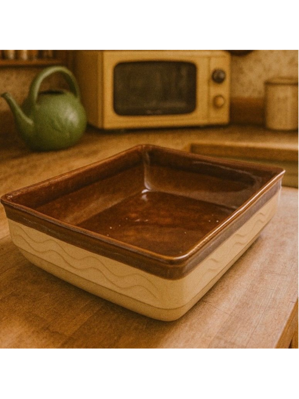 Vintage Mid-Century Stoneware Casserole Dish Brown & Beige Rectangular Baker